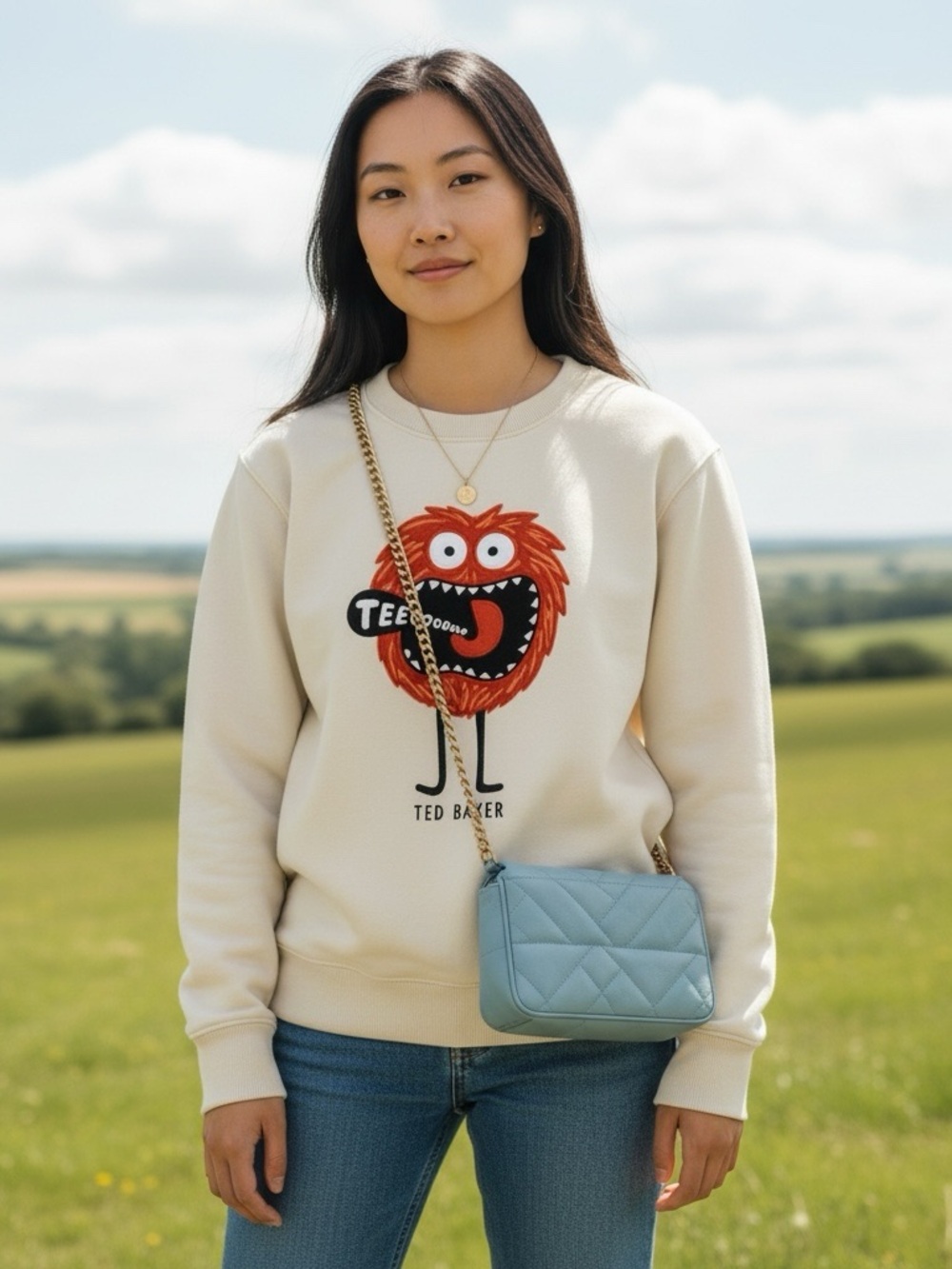 Ted Baker Cream Monster Graphic Sweatshirt Cotton Crewneck Embroidered Size 2 - Picture 3 of 15